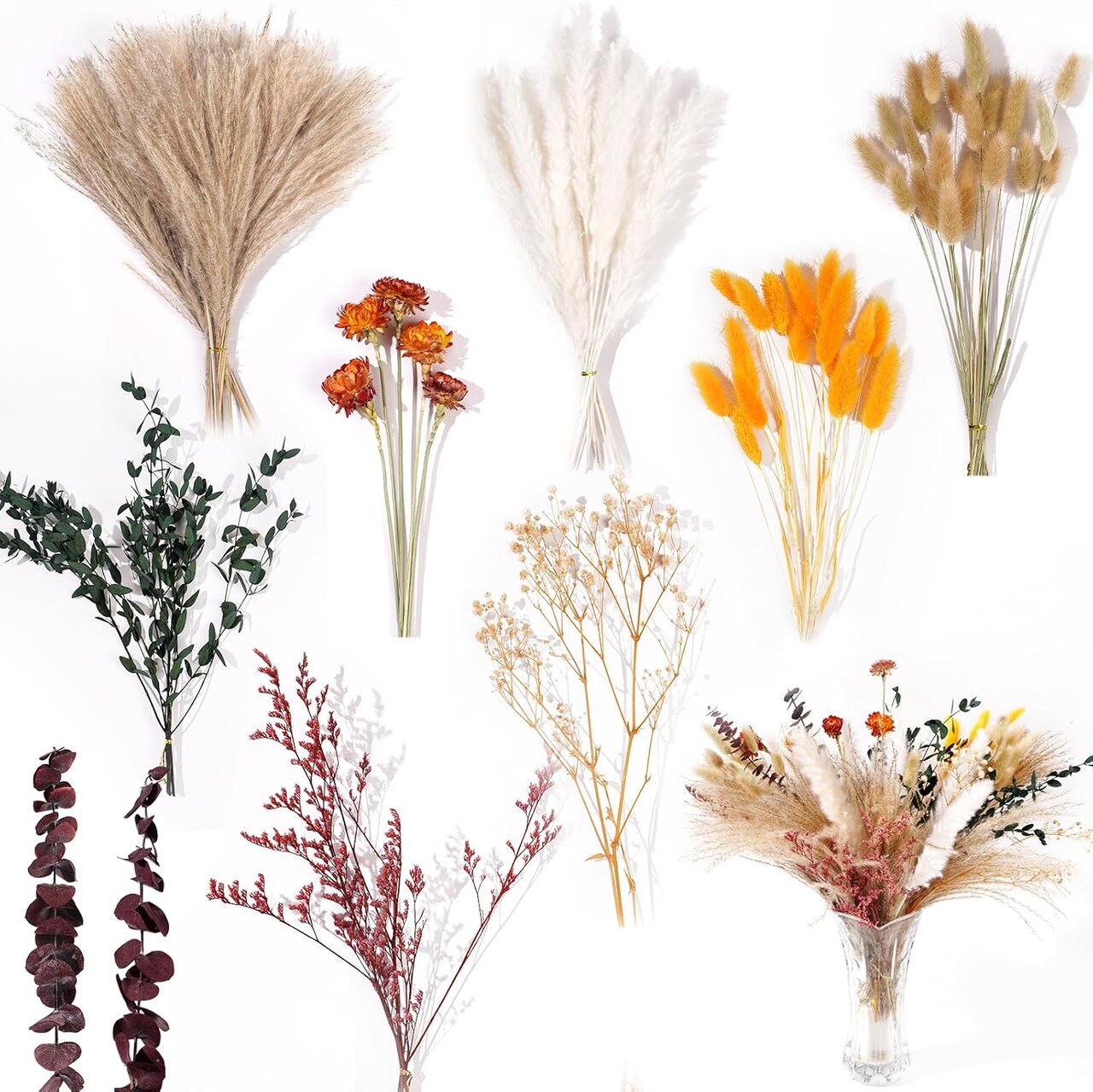90Pcs Fall Dried Pampas Grass Bouquet Decor Autumn Decorations Natural Fall Dried Flowers Bouquet Floral Arrangements for Boho Wedding Party Thanksgiving Table Centerpieces Home Vases Autumn Decor